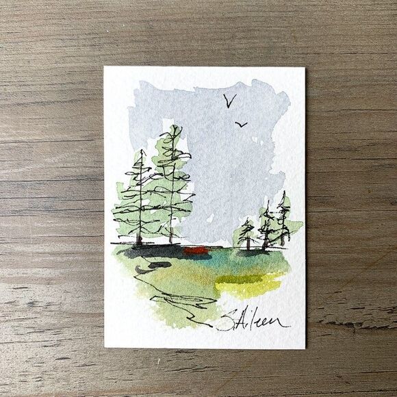 ACEO Landscape Painting Watercolor Ink Pine Trees Birds in Sky Green II Signed - Picture 2 of 2